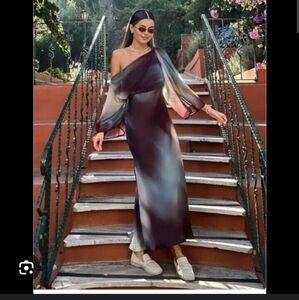 Zara Elegant Off-Shoulder Satiny With Matching Asymmetrical Cap Midi  Dress